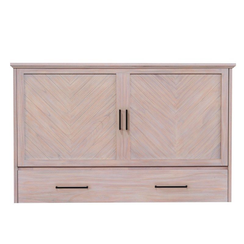 whitewash wood cabinet bed with black iron handles, storage drawer on the bottom and chevron panels front.