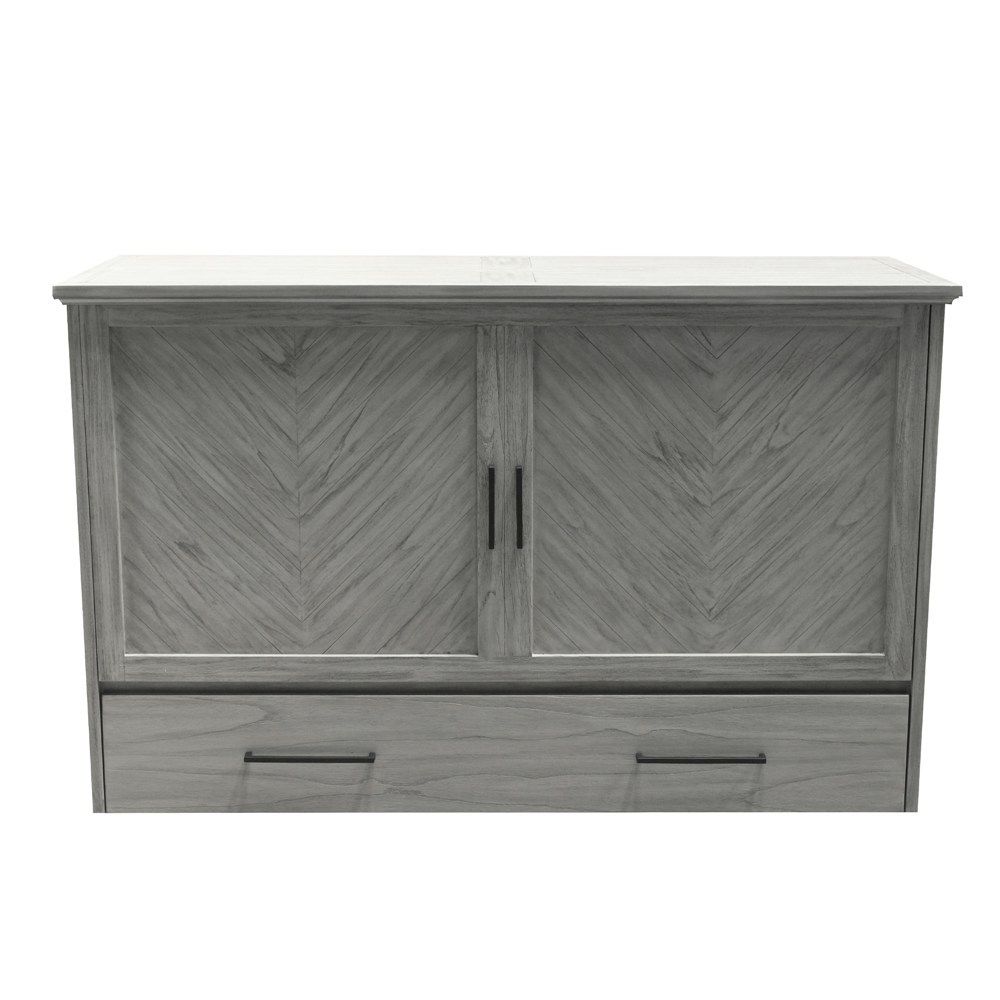 Light grey wood cabinet bed with black iron handles, storage drawer on the bottom and chevron panels front.