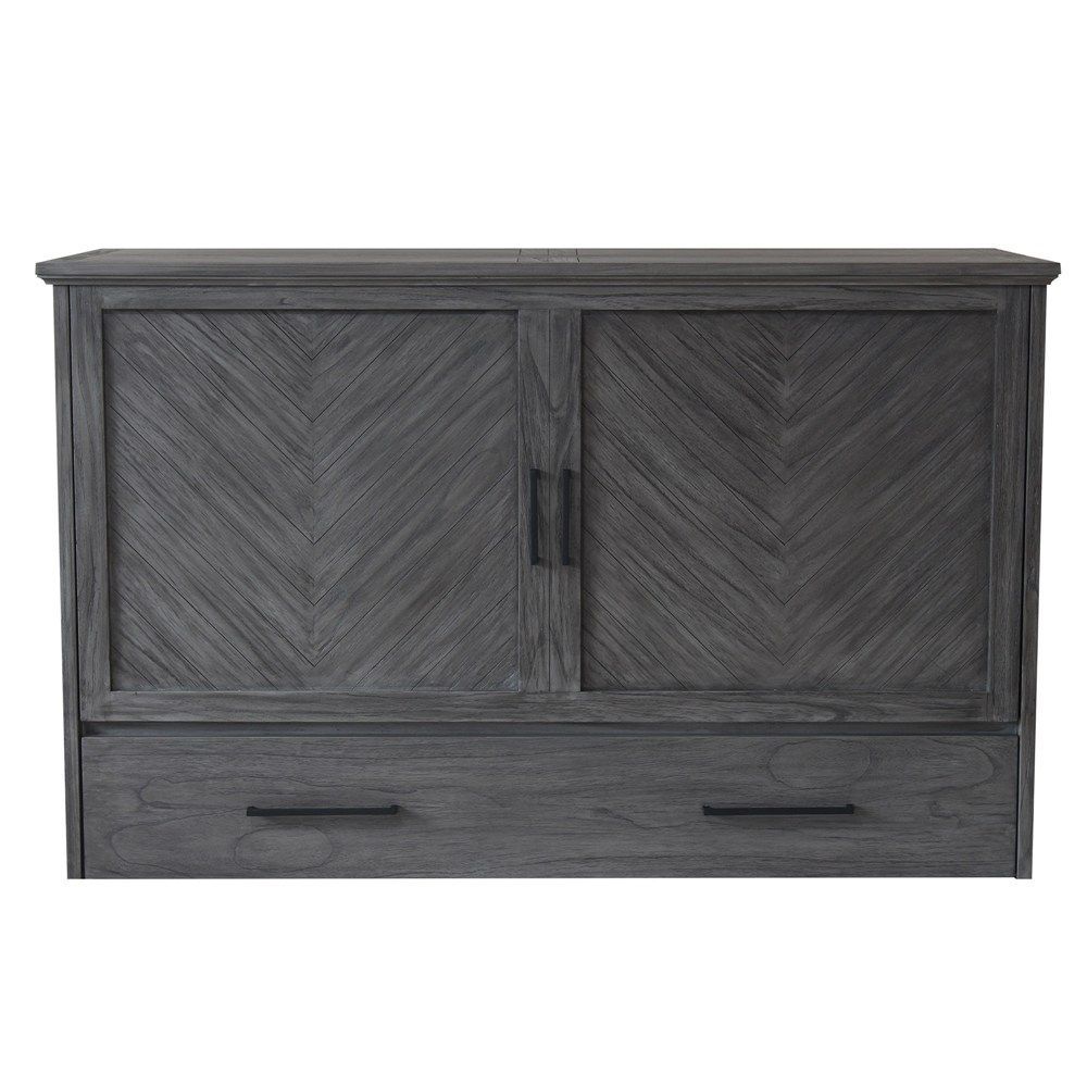 dark grey wood cabinet bed with black iron handles, storage drawer on the bottom and chevron panels front.