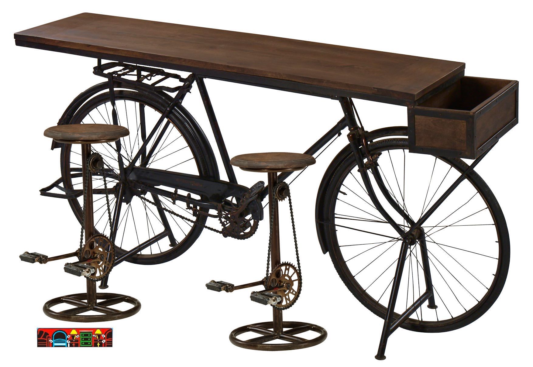 Bicycle Pub-Table with 2 pedal-stools in Iron base with dark brown wood tops.