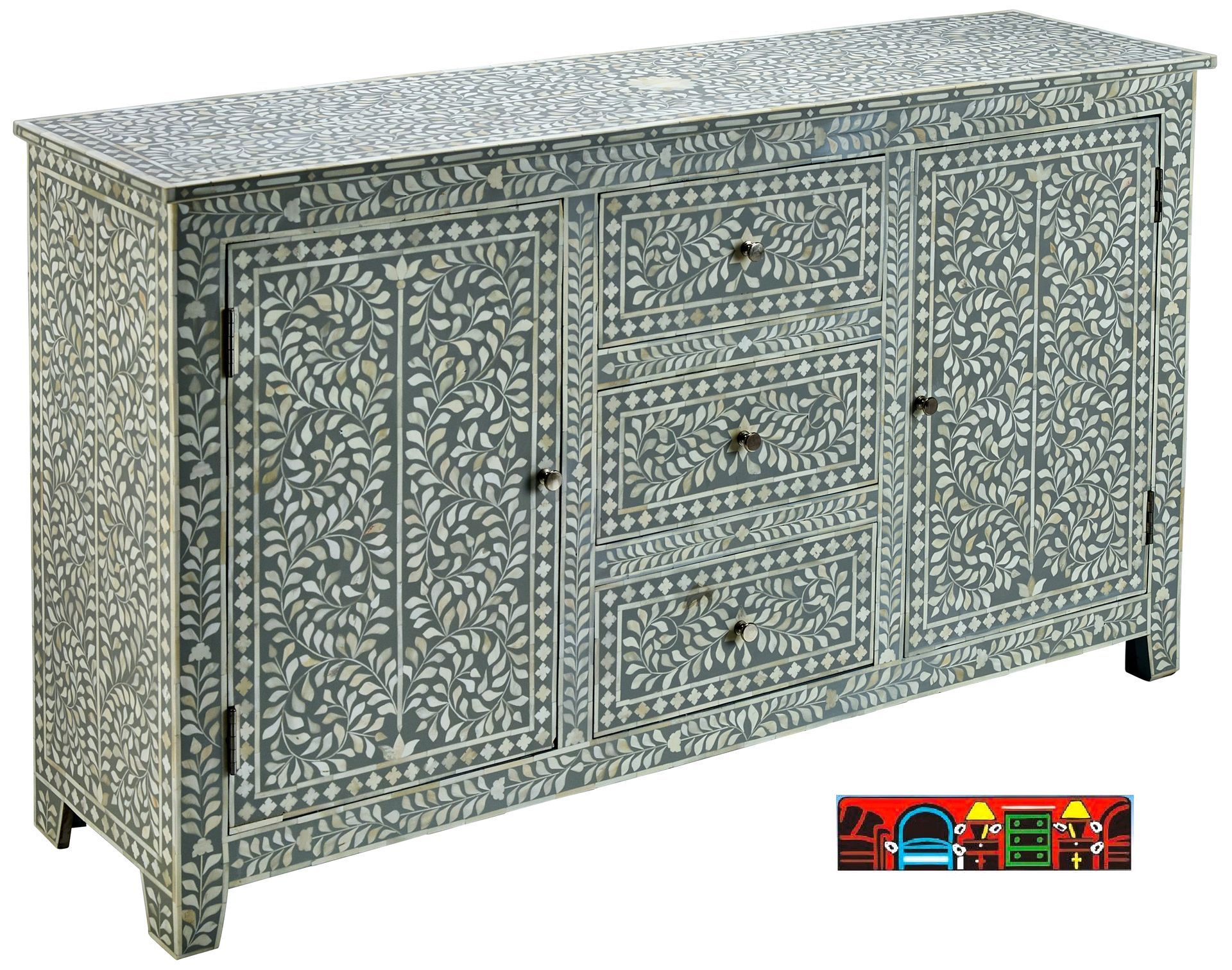 The Puccini 3 Drawer/2 Door Dressing Chest/Sideboard features exquisite, handcrafted bone inlay detailing. This elegant chest offers ample storage with three drawers and two shelved compartments behind doors, all accented with understated nickel-finished knobs.