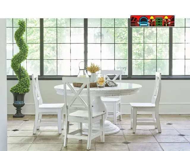 (all wood) white round pedestal table with 4 side chairs