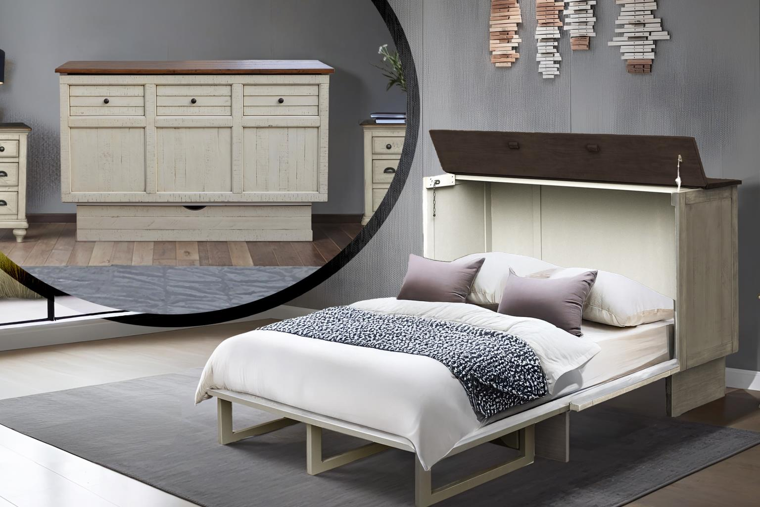 Distressed cream cabinet bed with dark brown top, 3 accent knobs and drawer