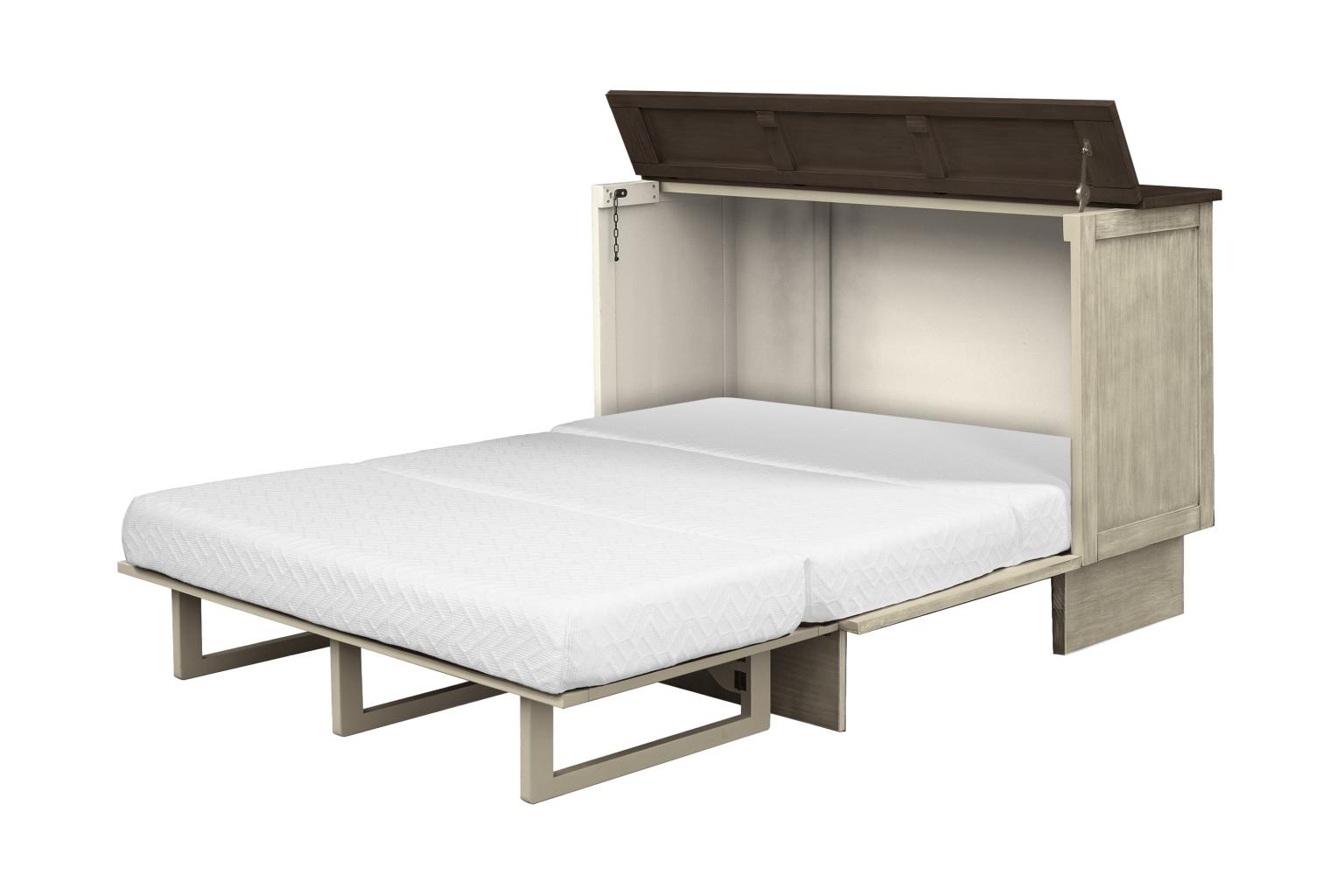 Distressed cream cabinet bed with dark brown top, 3 accent knobs and drawer. Displayed open with mattress.