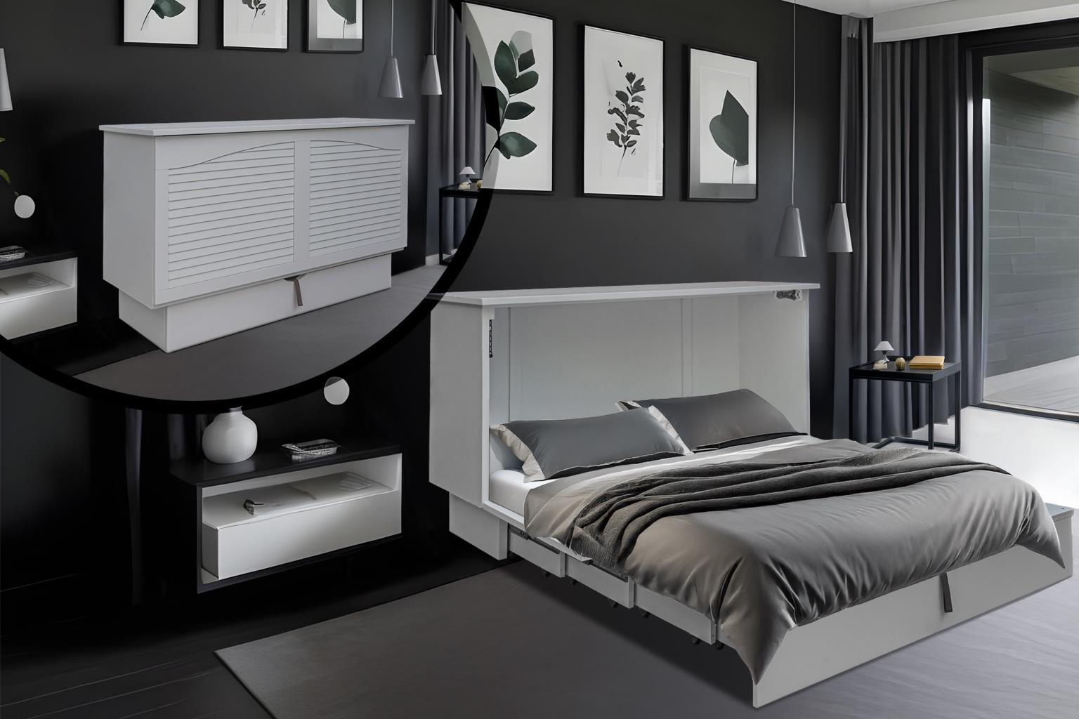 white wood cabinet bed with a louver front design & drawer on the bottom