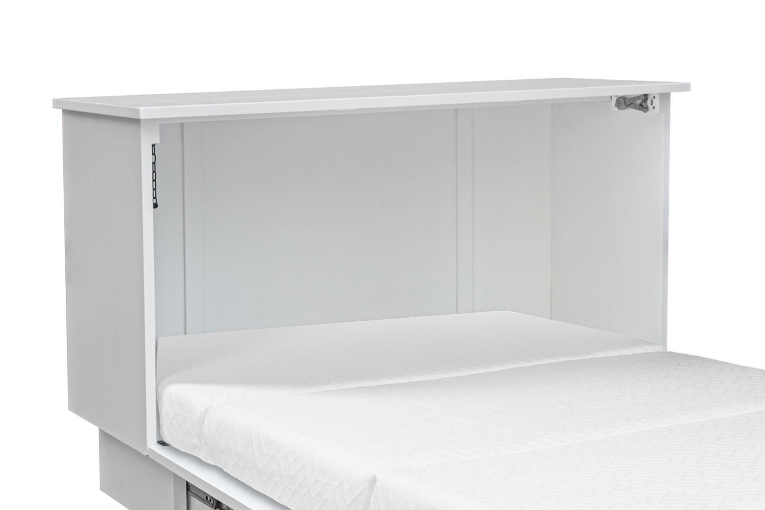 white wood cabinet bed with a louver front design & drawer on the bottom. Displayed open with the mattress.