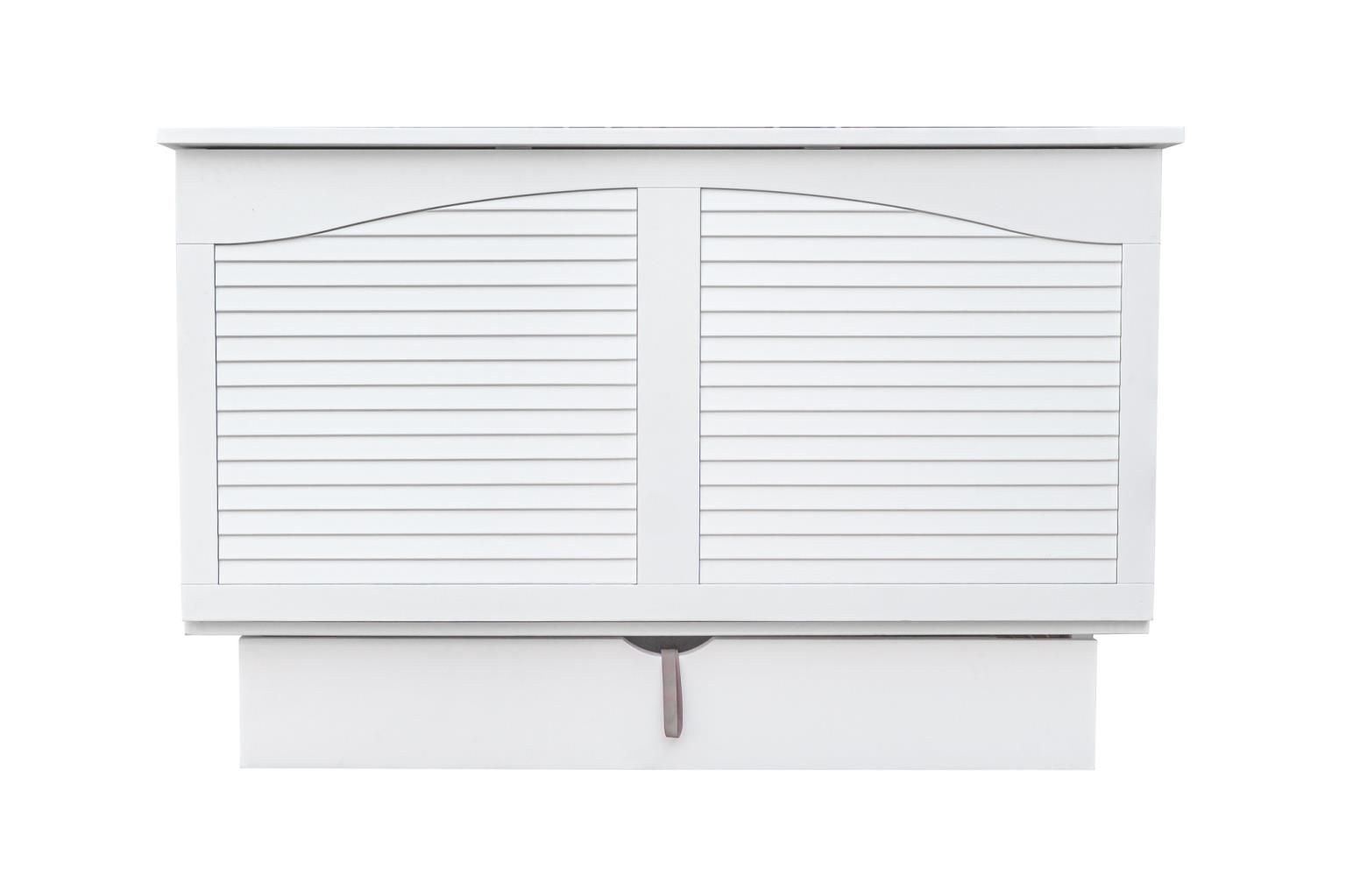 white wood cabinet bed with a louver front design & drawer on the bottom. Front View.