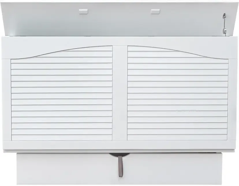 white wood cabinet bed with a louver front design & drawer on the bottom. Front view with the top lifted open.