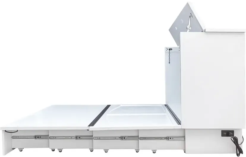 white wood cabinet bed with a louver front design & drawer on the bottom. Displayed with the side view completely opened.