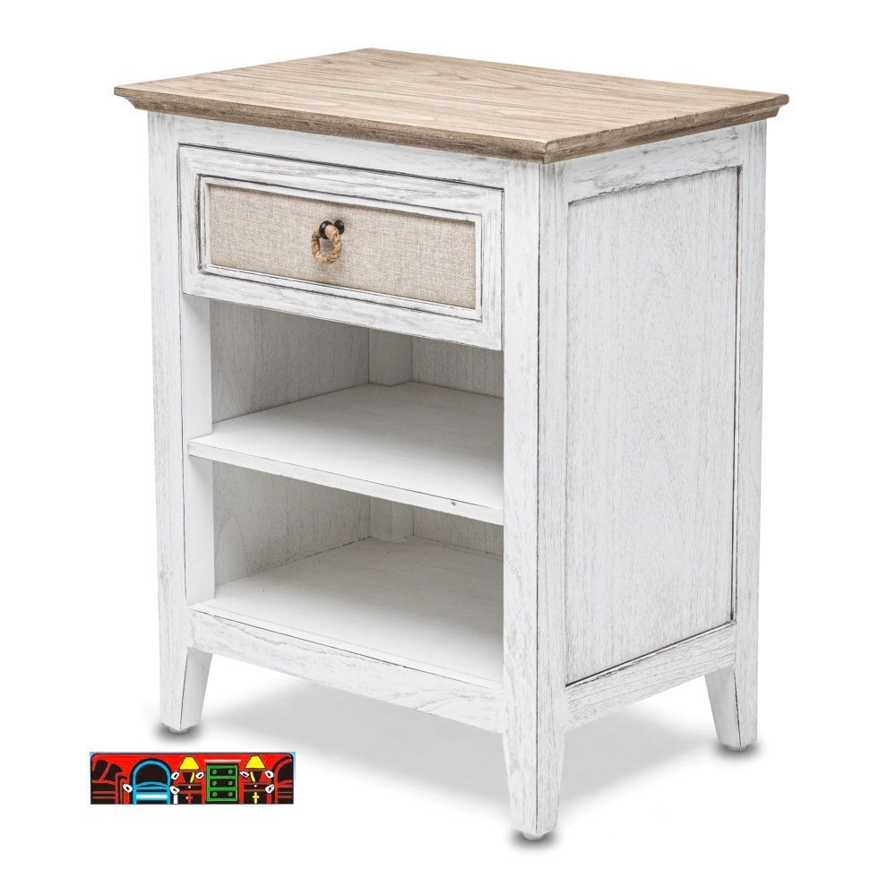 Captiva Island nightstand features a coastal design with a distressed white and beach sand finish, one drawer with outdoor fabric front, woven knob, and one shelf.