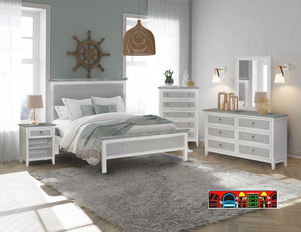 Casual white and grey bedroom set with bed, nightstand, dresser, mirror and chest.