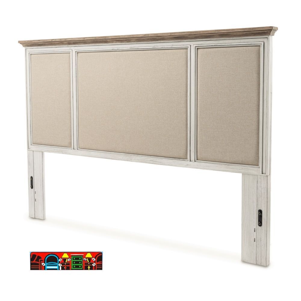 Captiva Island King panel headboard features a coastal design, distressed white and beach sand finish, with outdoor fabric fronts.
