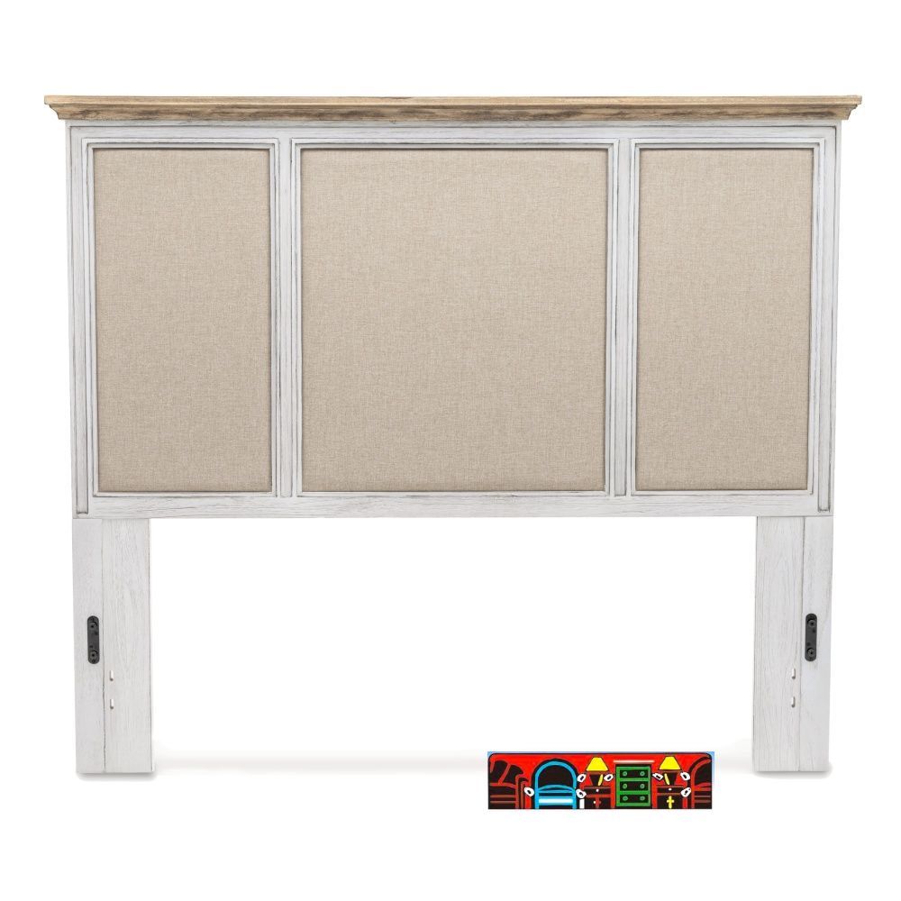 Captiva Island queen panel headboard features a coastal design, distressed white and beach sand finish, with outdoor fabric on the front.