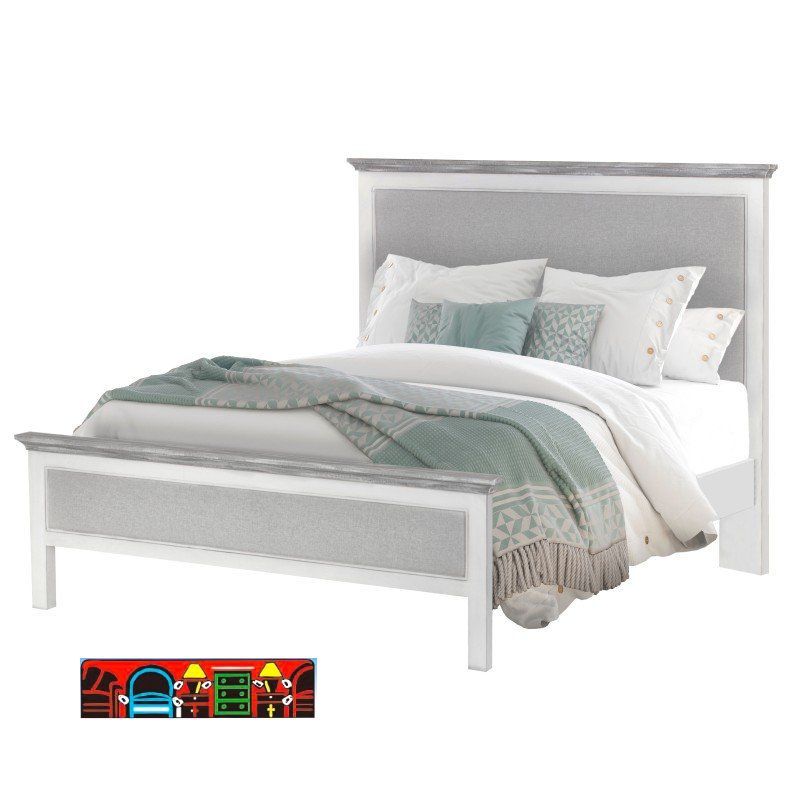 Casual white and grey bed with outdoor fabric accents.