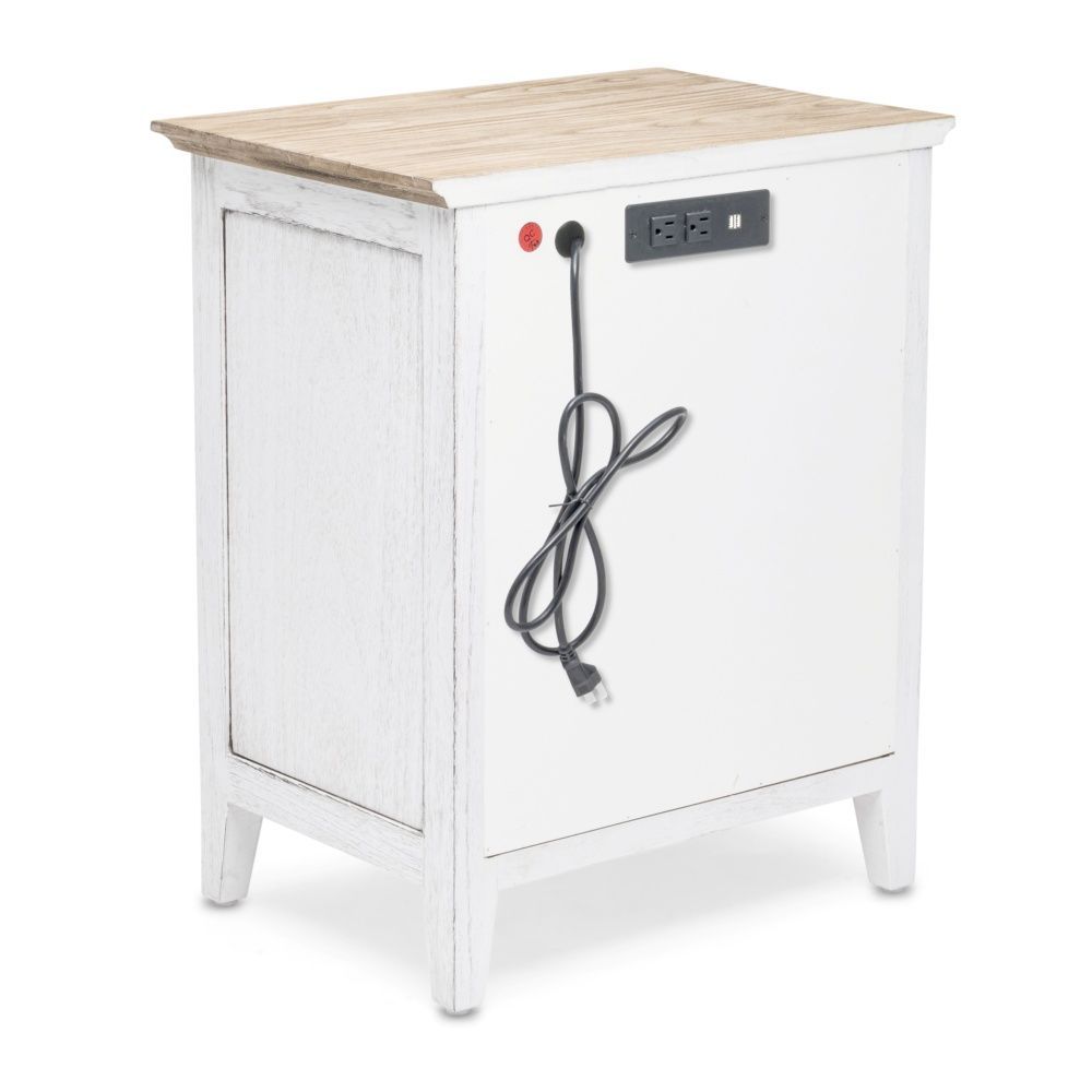Captiva Island nightstand features a coastal design with a distressed white and beach sand finish, one drawer with outdoor fabric front, woven knob, and one shelf. Back side view.