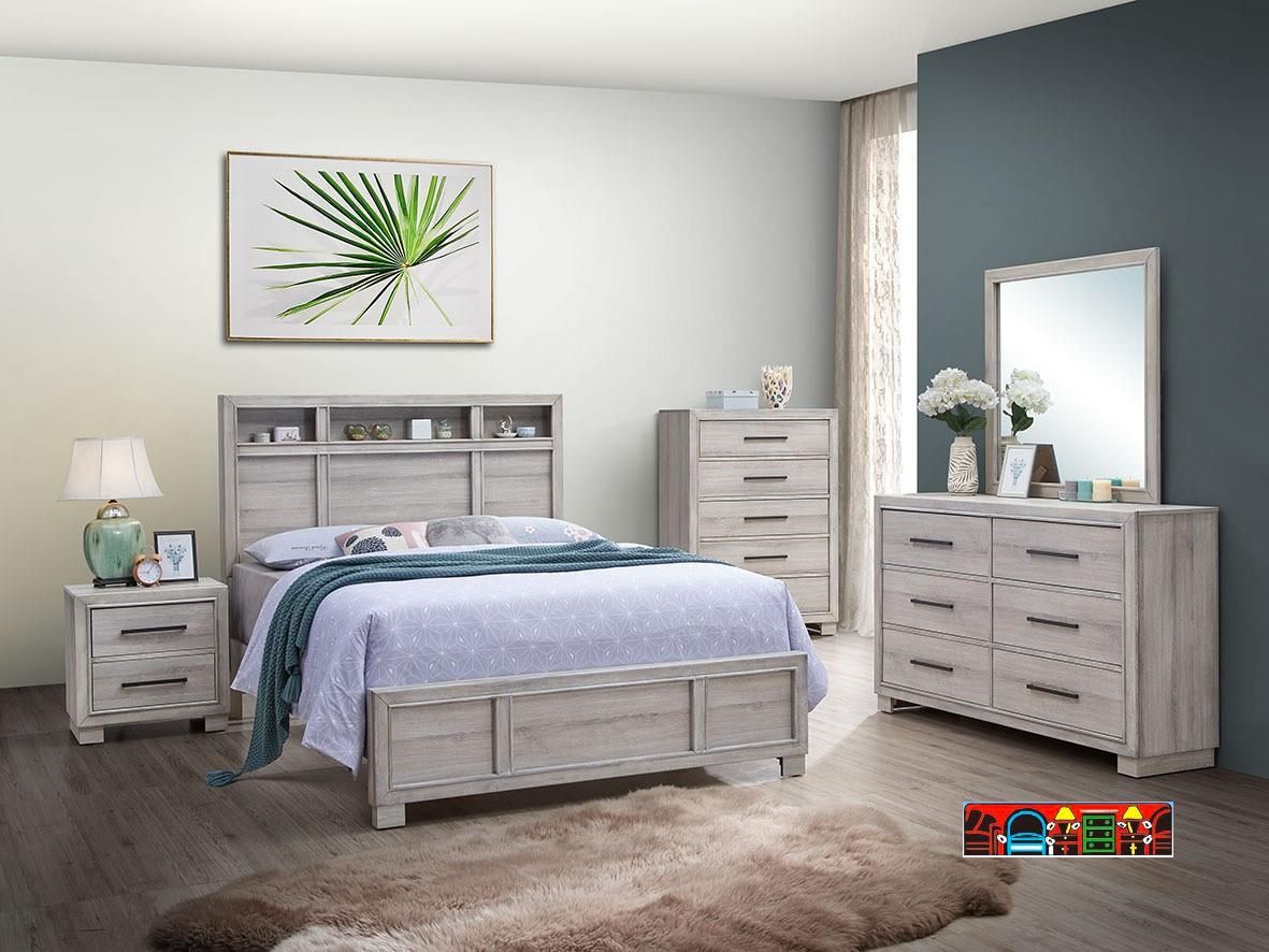 Celia bedroom set in whitewash with a bookcase headboard and metal handles.