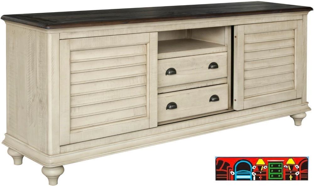 Brockton Media Console, crafted from solid wood, features a wheat color with a dark brown top, both exhibiting a distressed finish. It includes louver accents and contrasting metal handles.