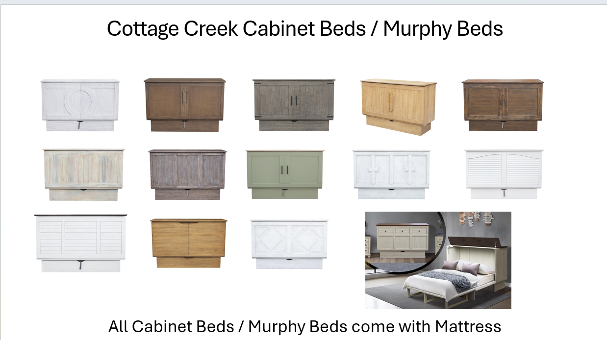 a variety of cabinet beds / murphy beds. 