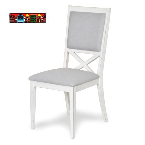 White dining chair with a grey fabric seat and back cushion.