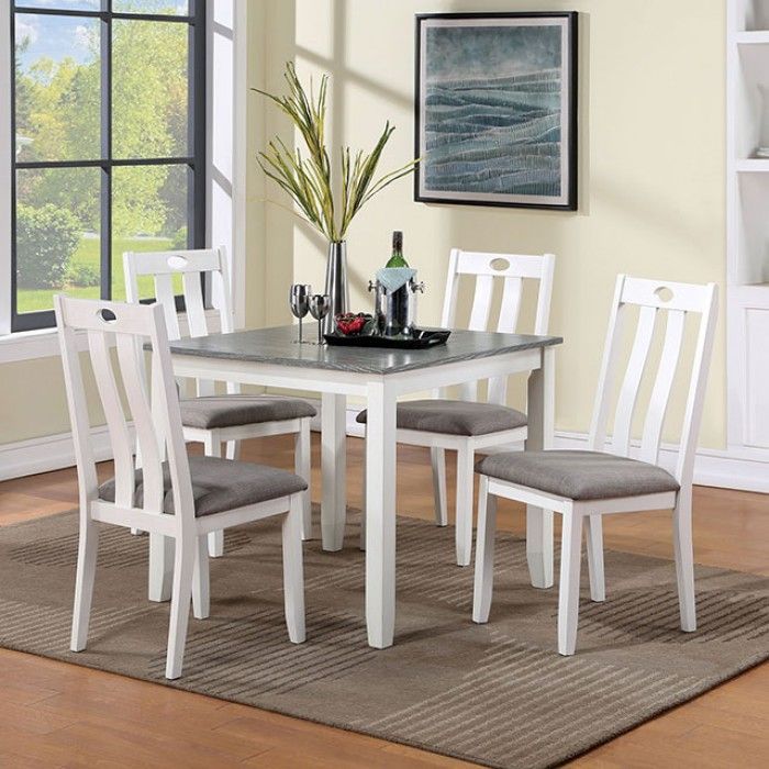 The Dunseith 5-piece dining set features a square, white wooden table with a grey top, accompanied by four side chairs with grey cushions. .