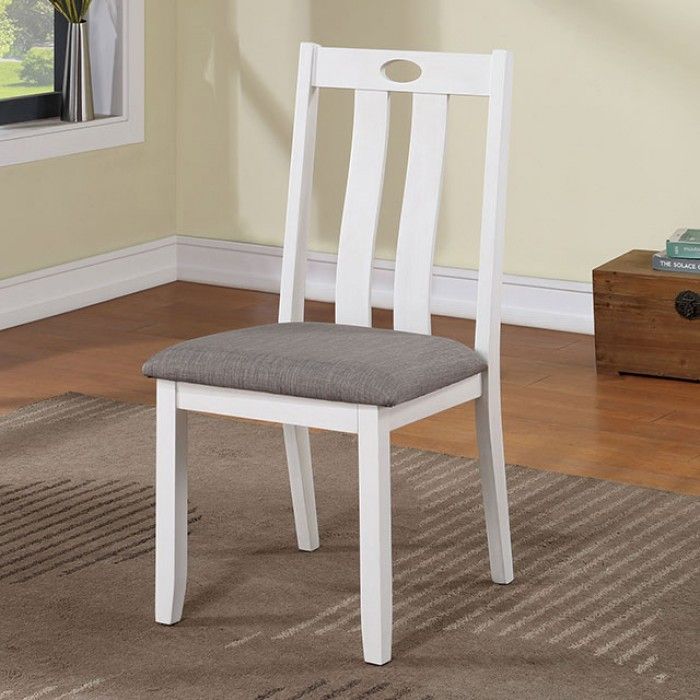 Dunseith Dining Side Chair, Slat Back, White, Grey Cushion