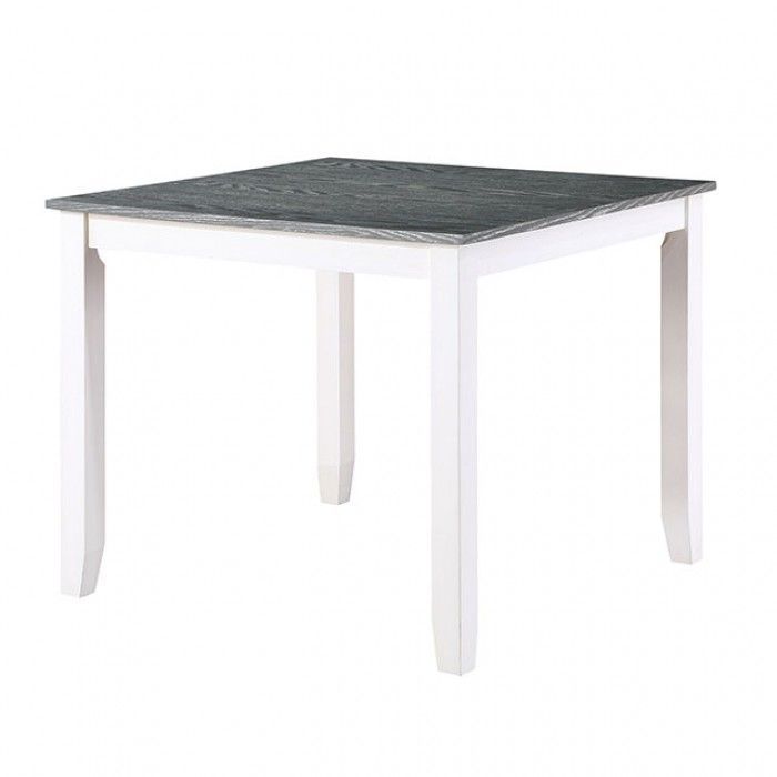 The Dunseith square dining table features a white base with 4 legs and a dark gray top.