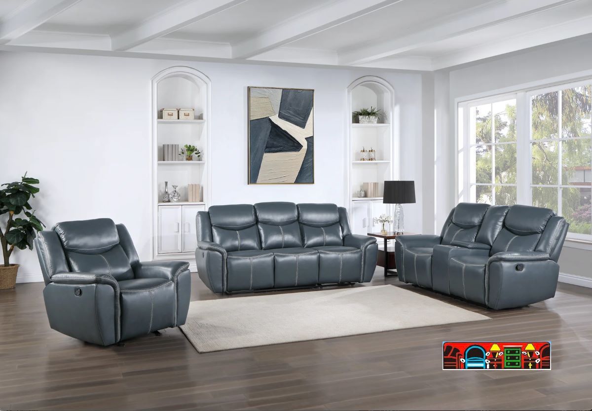 New Eric leather reclining sofa, loveseat, and rocker recliner in blue.