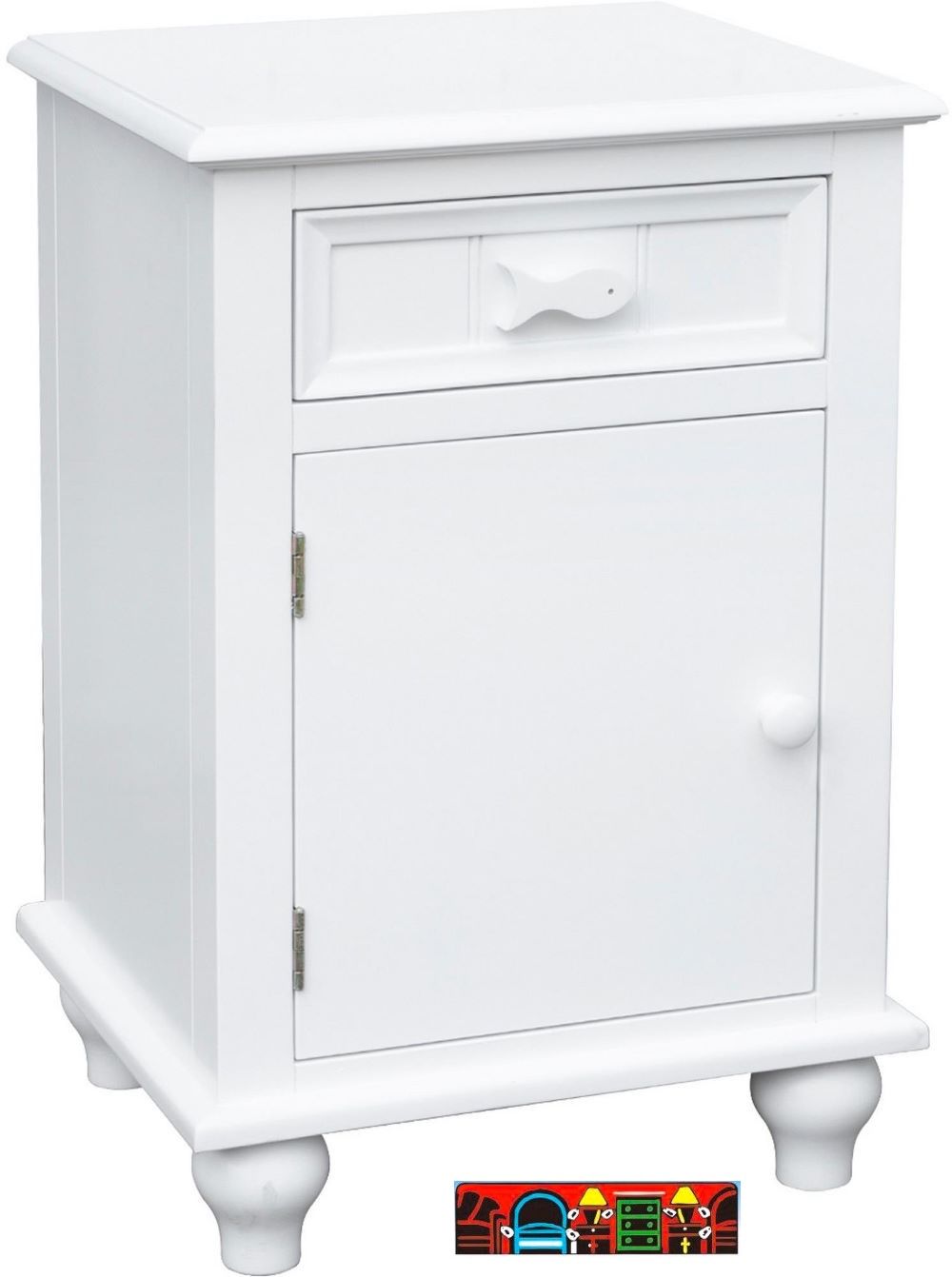 The Fishtails Door Nightstand, crafted from wood and finished in white. Features One drawer and one door. It is available at Bratz-CFW in Fort Myers, FL.