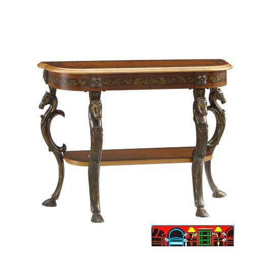 Sofa table in the shape of a half-moon featuring hand-painted designs, horse head accents, hooved legs, and a wooden top.