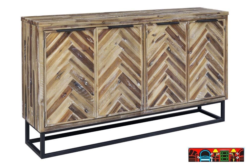 The Ford Four Door Media Cabinet, masterfully handcrafted, showcases elegant doors adorned with a herringbone pattern and chic metal handles, complemented by an elevated metal base. This piece is available at Bratz-CFW in Fort Myers, FL. Corner view.