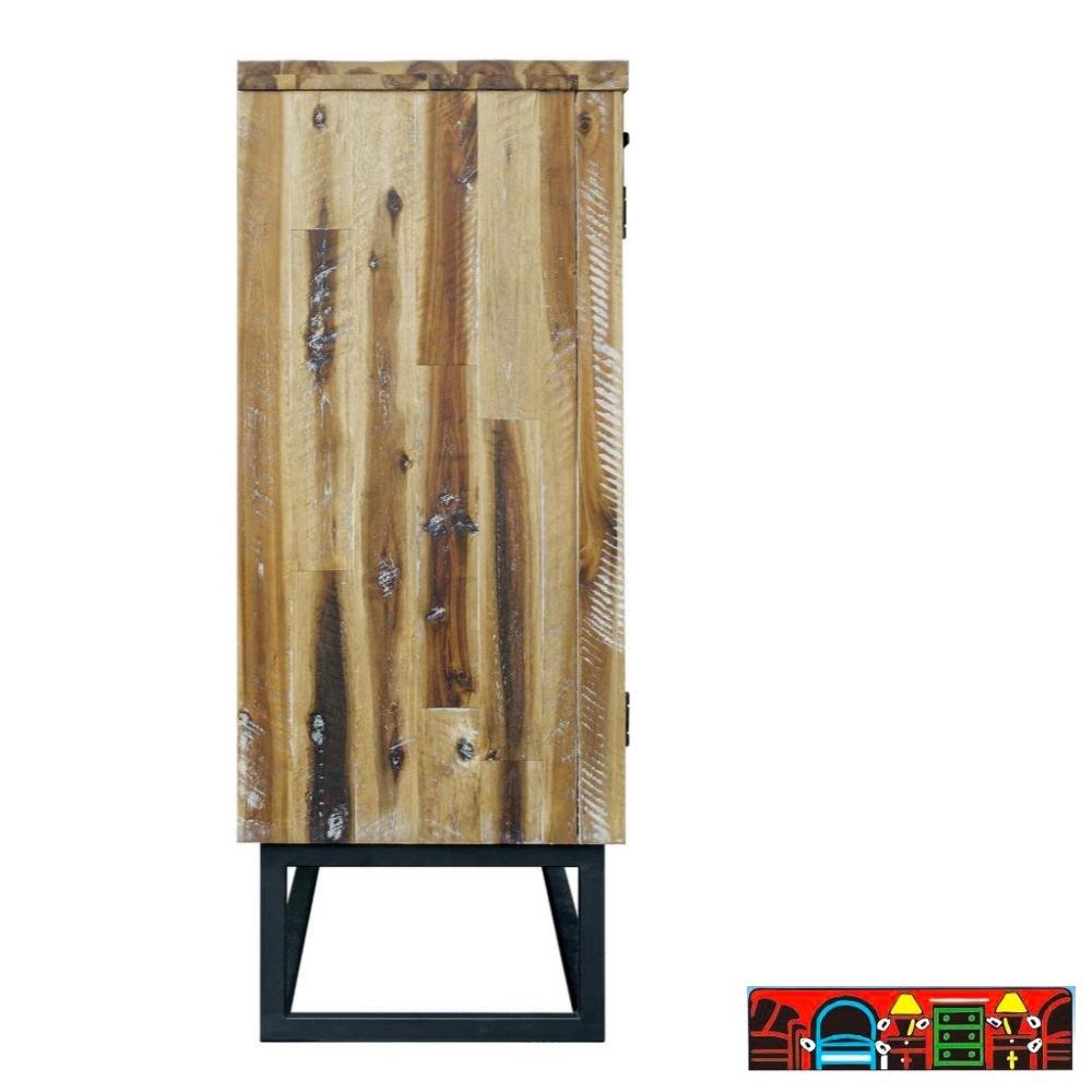 The Ford Four Door Media Cabinet, masterfully handcrafted, showcases elegant doors adorned with a herringbone pattern and chic metal handles, complemented by an elevated metal base. This piece is available at Bratz-CFW in Fort Myers, FL. Side view.