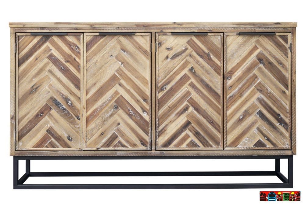 The Ford Four Door Media Cabinet is a one-of-a-kind piece that adds a touch of rustic elegance to any space. Expertly handcrafted, it features exquisite doors with a herringbone design and sleek metal handles. Its elevated metal base enhances the cabinet's varied wood tones, while two handy holes in the back allow for easy wire management.