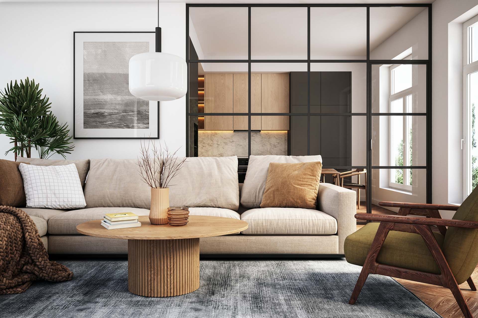 Modern interior, showcasing beige and green colored living room furniture, and wooden elements.