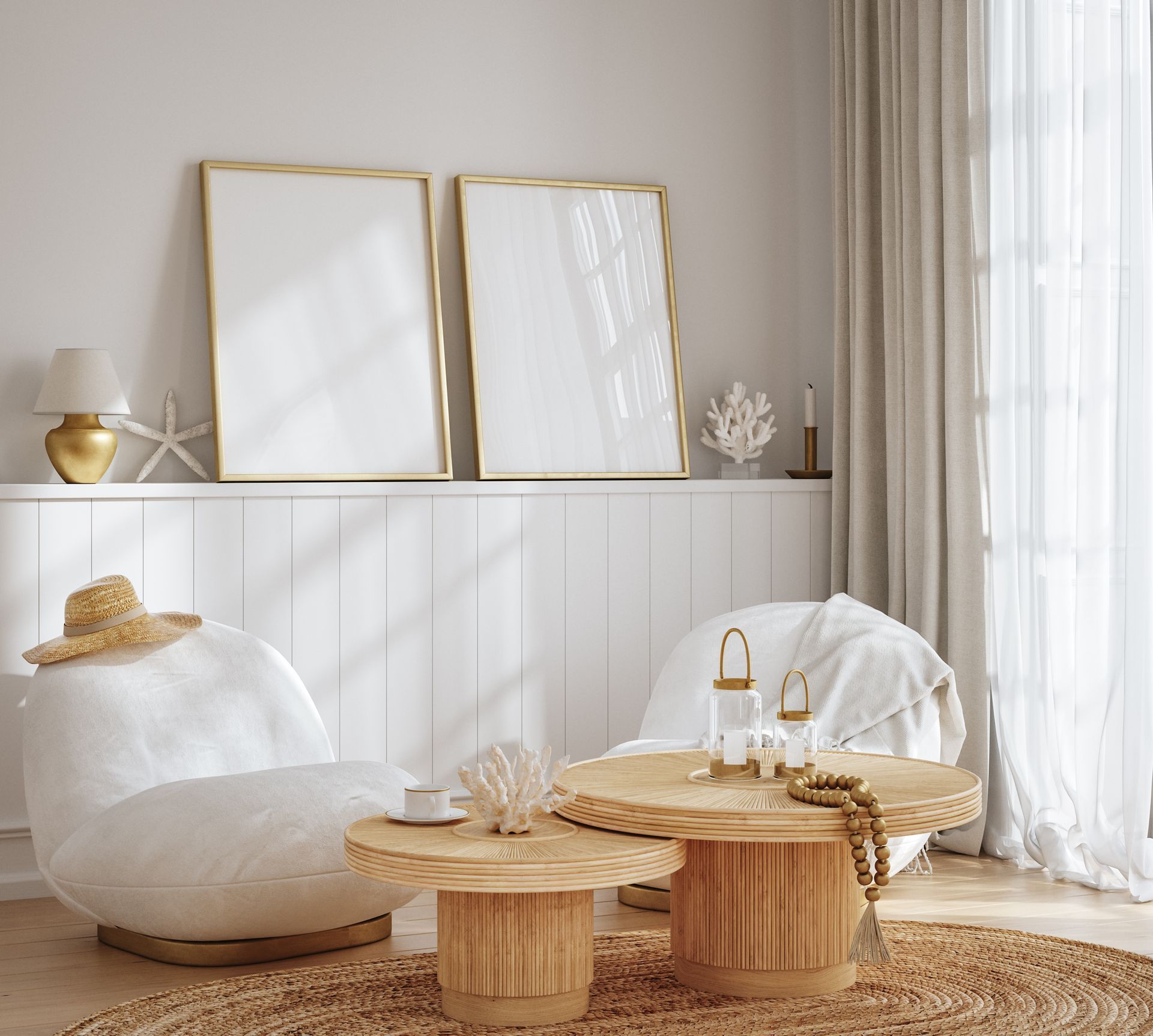 Room decorated with rattan furniture with empty frames on a wall, representing coastal style furniture.