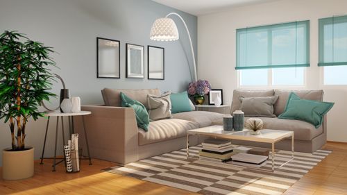 Cozy modern interior with stylish living room furniture, neutral tones, and natural lighting.