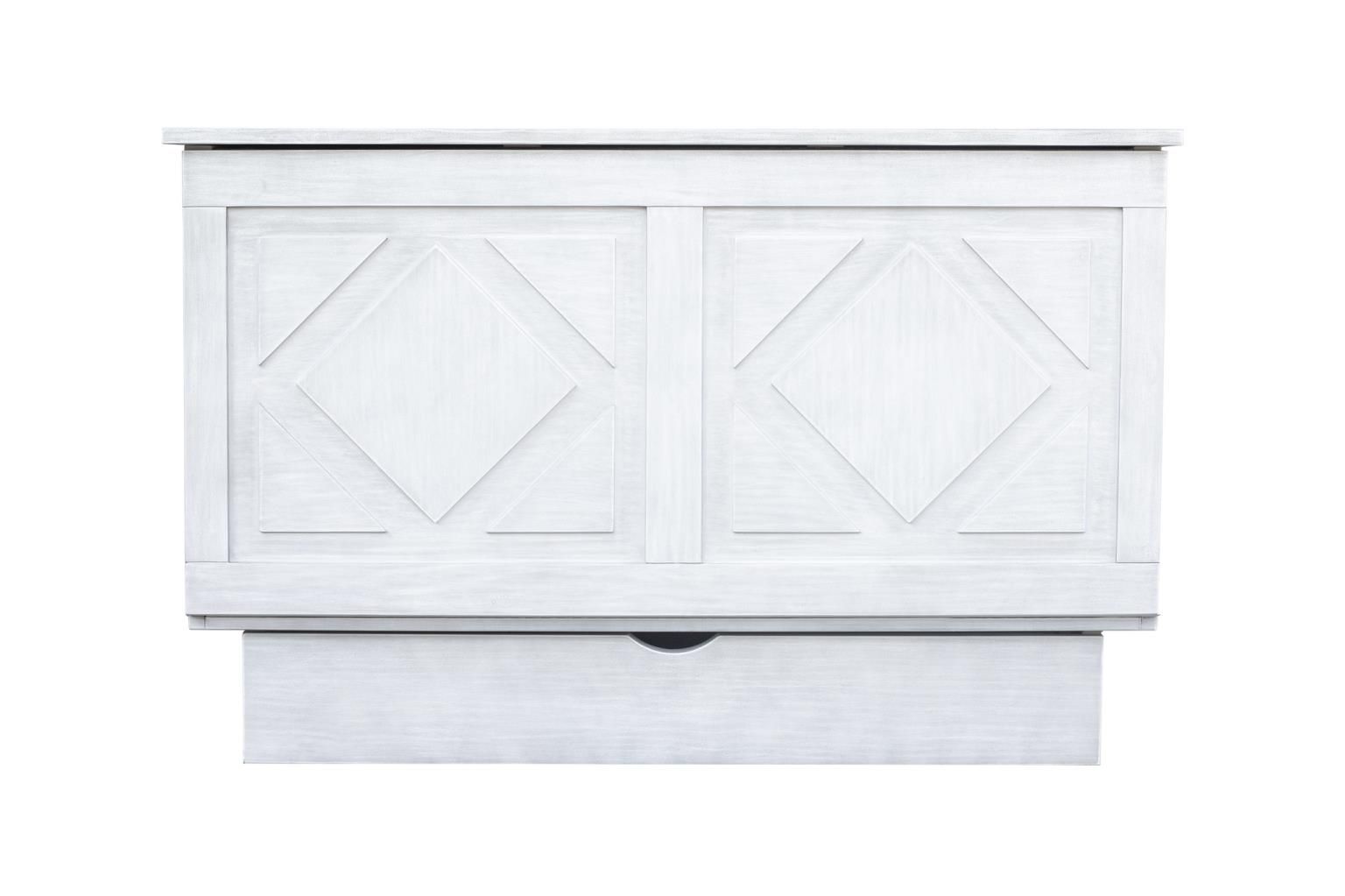 Light Grey wood cabinet bed with 2 carved diamonds on the front, drawer on the bottom. Front Fiew.