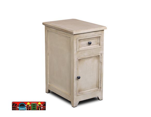 'Chairside Table: Crafted from solid wood, featuring one door and one drawer, finished in an elegant taupe hue.'