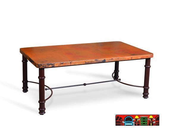 Rectangular coffee table featuring a hand-hammered copper top and a black powder-coated base.