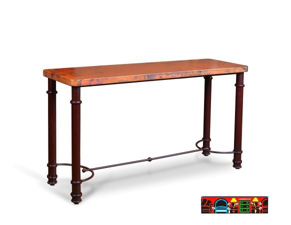 hand hammered copper top sofa table with a black powder-coated metal base. 