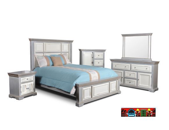 The Florence Bedroom Set, crafted from solid wood with a distressed white and grey finish, is available at Bratz-CFW in Fort Myers, FL.