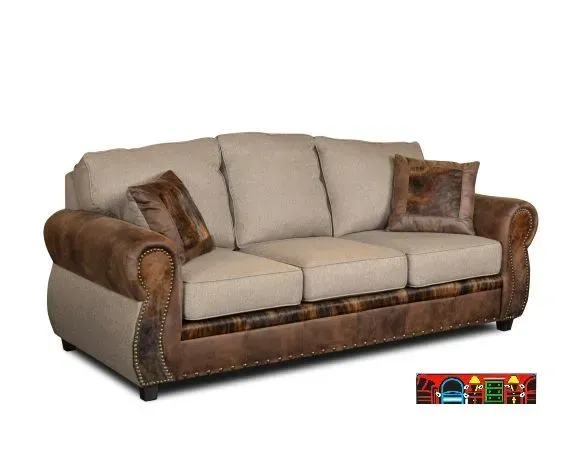 light brown sofa with dark brown faux leather trim and authentic animal hair accents