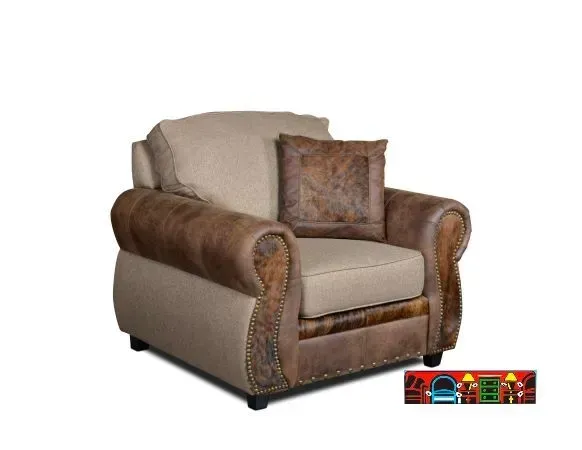 light brown Club-Chair with dark brown faux leather trim and authentic animal hair accents