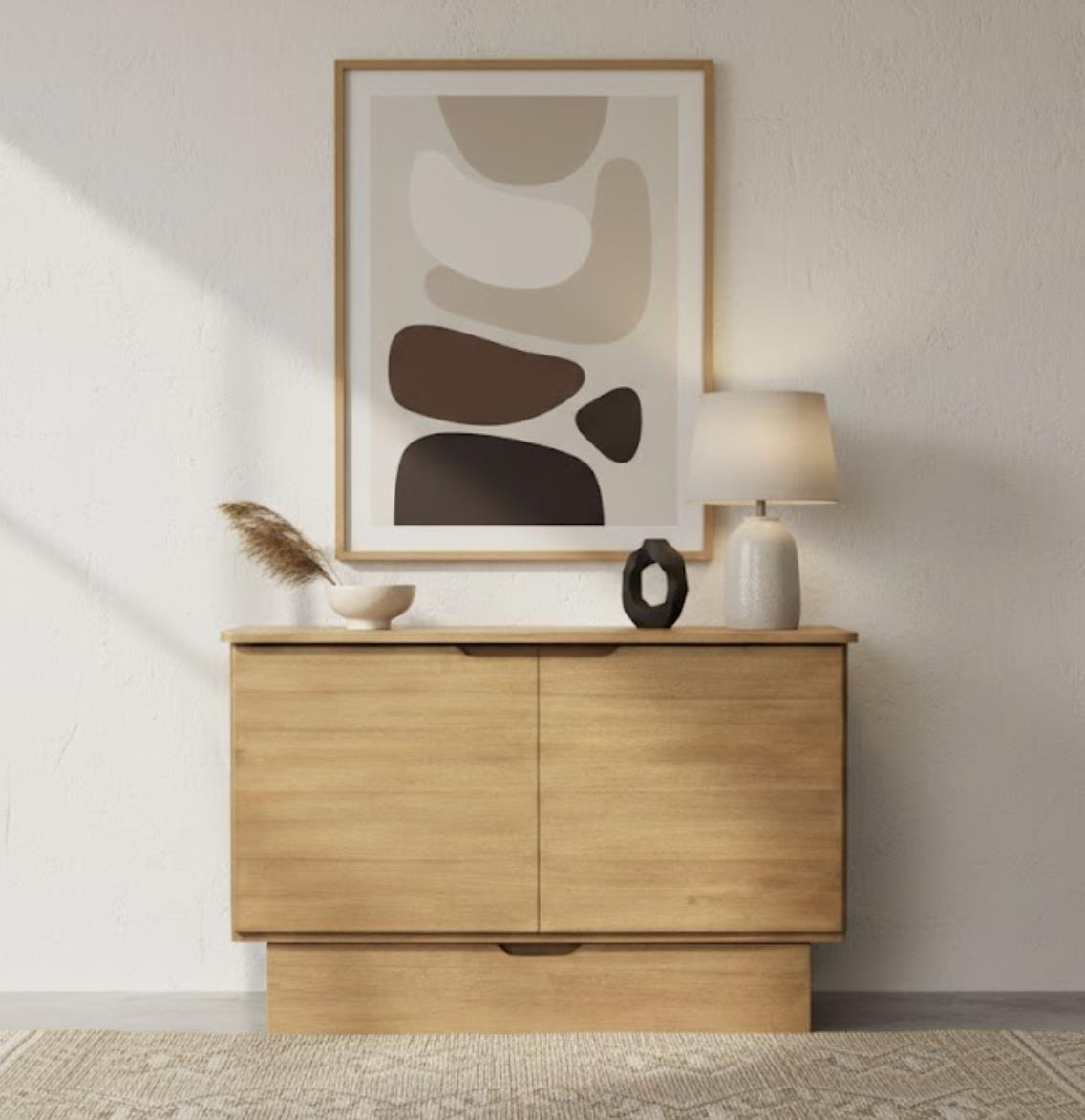 Natural wood finish Cabinet bed. Clean lines with no visible hardware. Large drawer at the bottom.