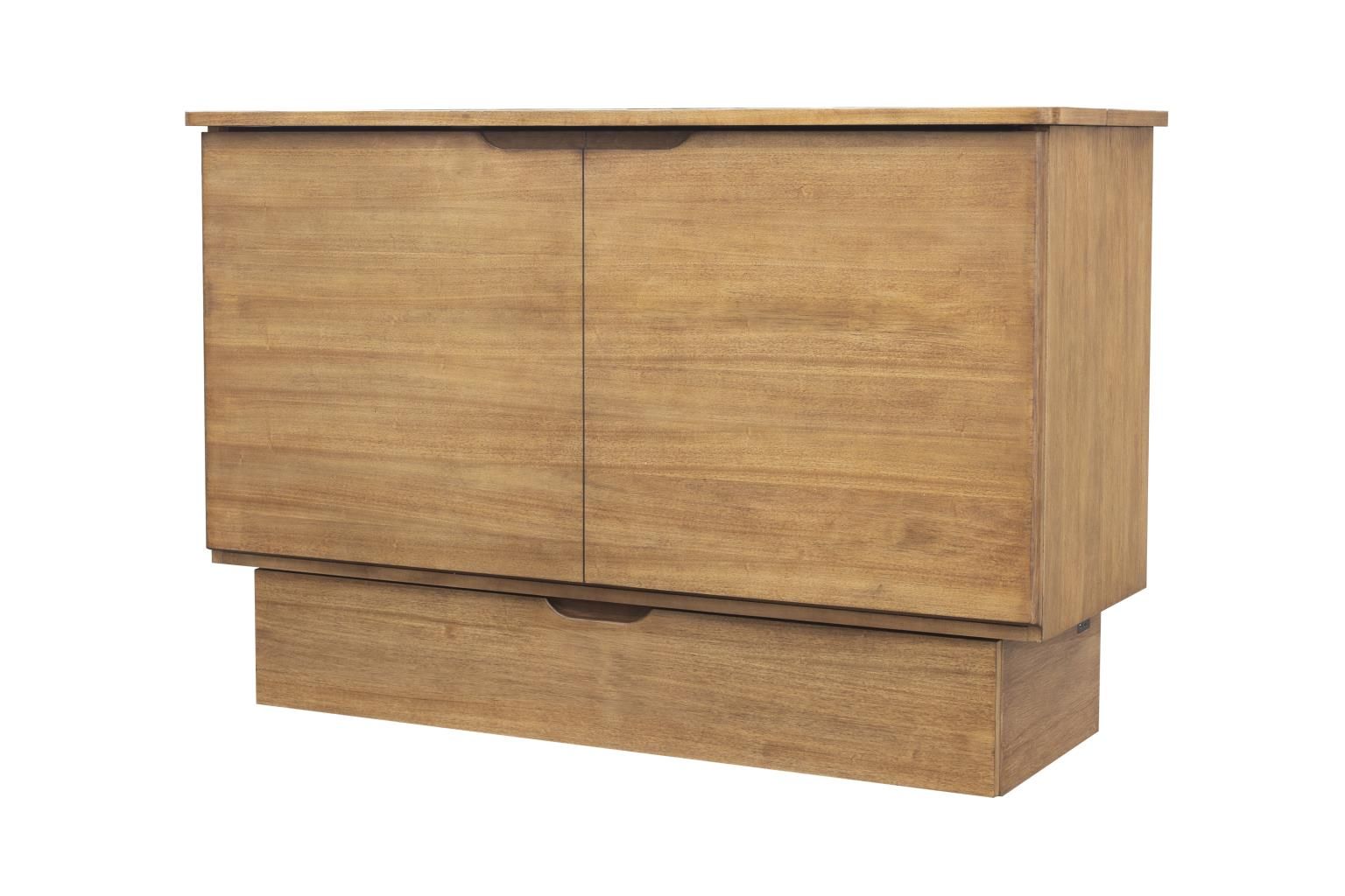 Natural wood finish Cabinet bed. Clean lines with no visible hardware. Large drawer at the bottom.