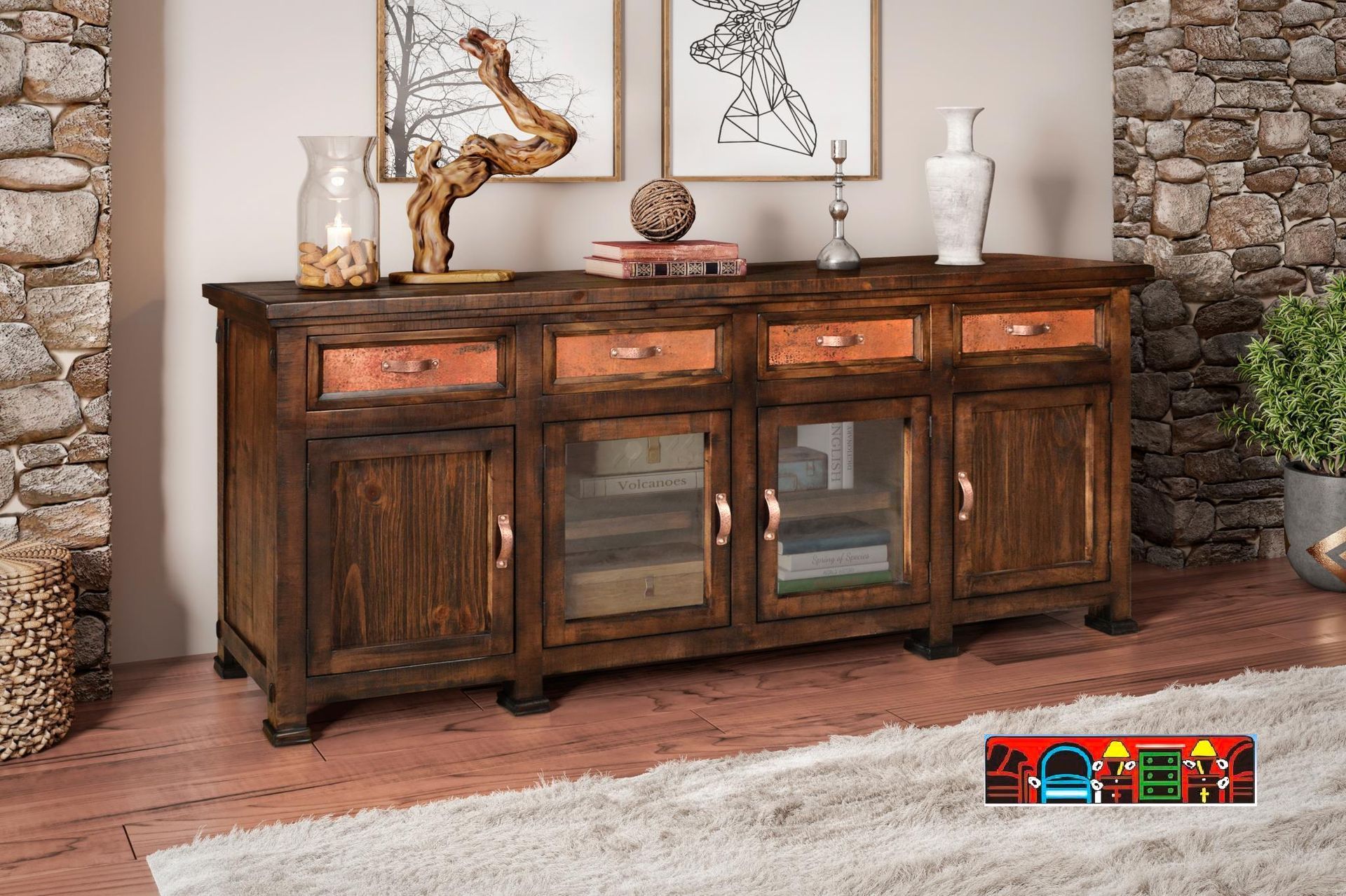 'A spacious, warm-brown entertainment console featuring four copper-front drawers at the top, two glass doors in the center, and two wooden doors on the sides. Each door opens to reveal an interior storage shelf.'