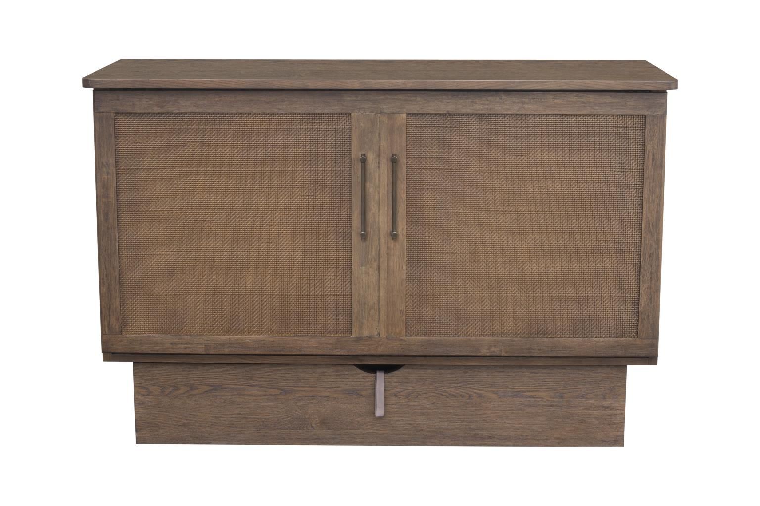 dark brown cabinet bed with a faux woven front panel and iron handles accents.