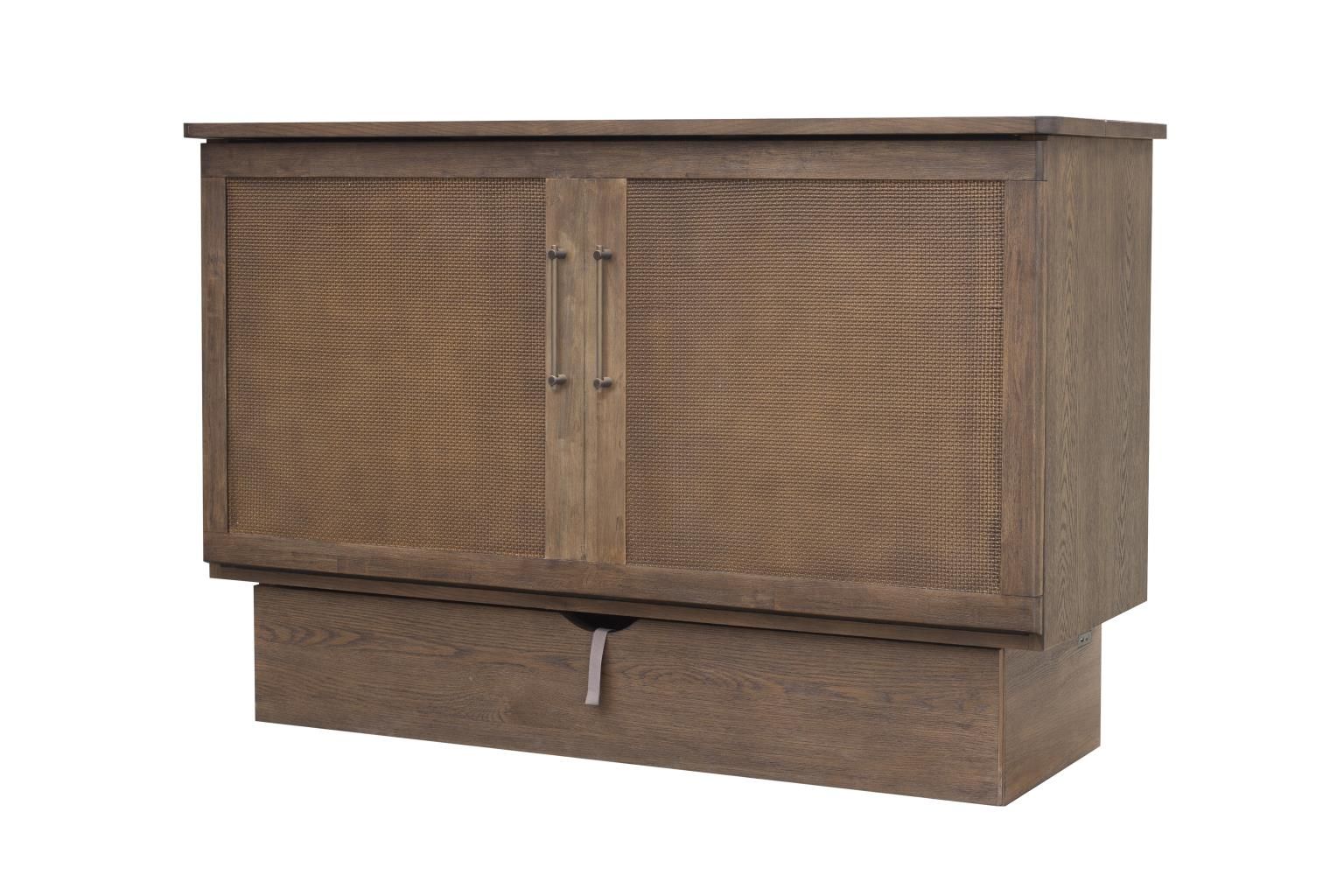 dark brown cabinet bed with a faux woven front panel and iron handles accents.