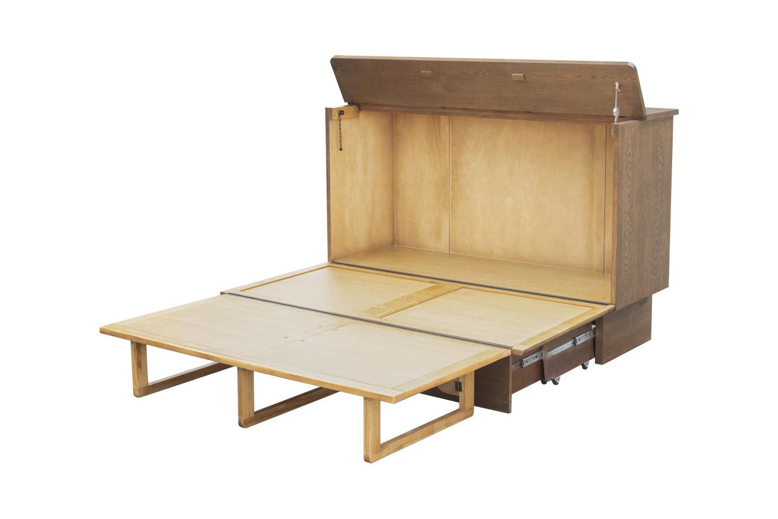 dark brown cabinet bed with a faux woven front panel and iron handles accents. Displayed open without the mattress.