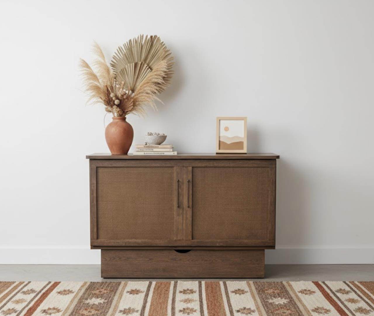 dark brown cabinet bed with a faux woven front panel and iron handles accents.