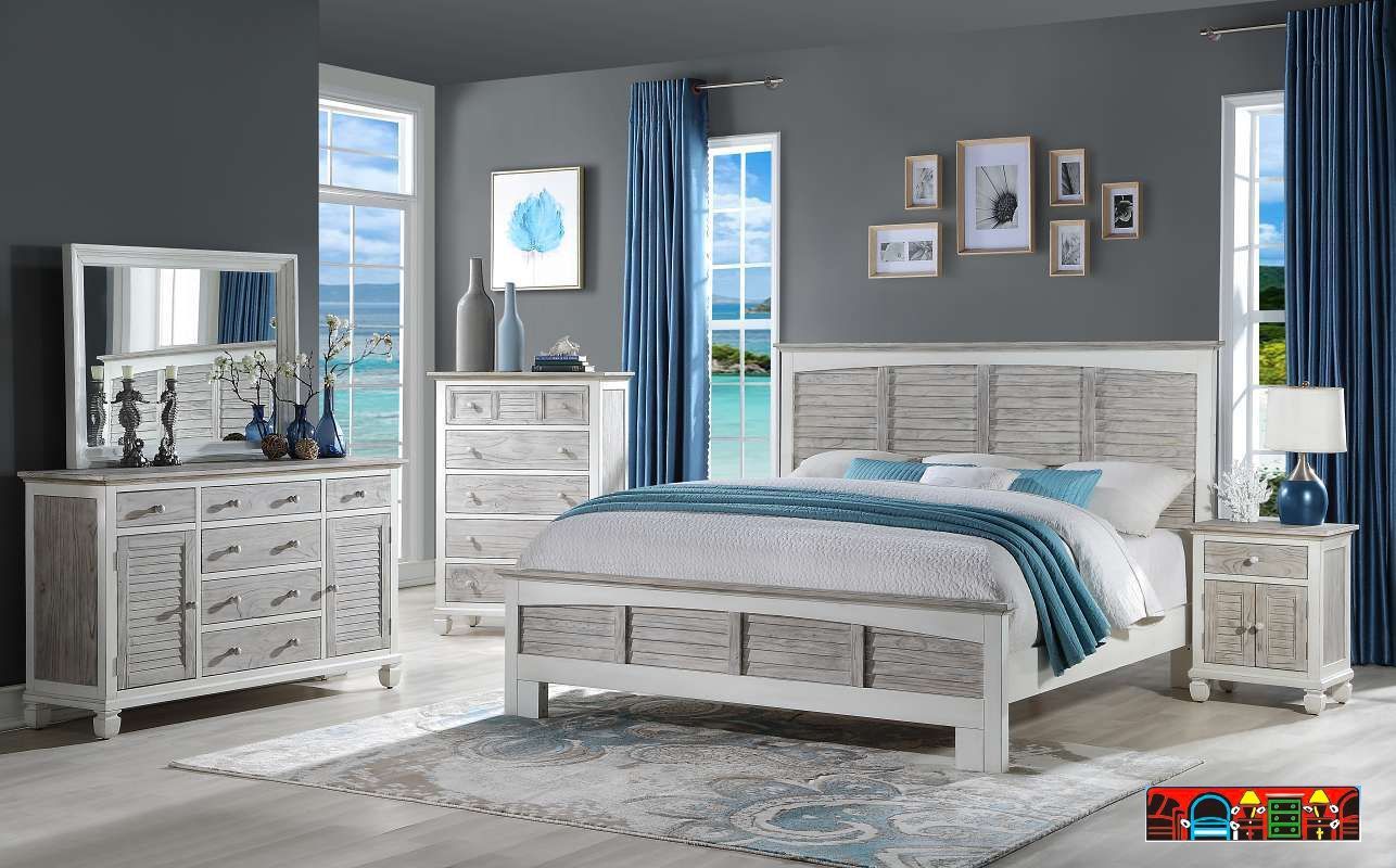 The Islamorada bedroom group, featuring weathered grey and white wood with louver accents, is available for sale in Fort Myers, FL, at Bratz-CFW.